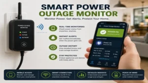 Smart power outage monitor displaying real-time power status through a mobile app