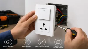 Electrician installing a switch and plug combo safely inside a wall electrical box.