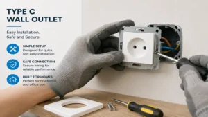 Electrician installing a type c wall outlet safely inside a residential electrical box.