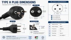 Type H plug dimensions and pin layout for identifying the correct plug standard.