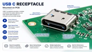 usb c receptacle mounted on a printed circuit board for electronics projects