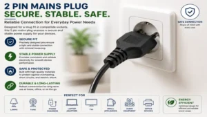 2 pin mains plug securely connected to a wall socket for reliable power supply