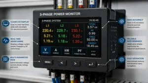 3 phase power monitor with a clear LCD dashboard showing electrical system performance