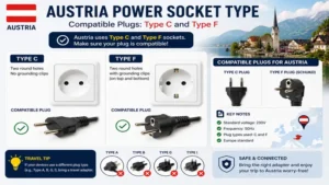 Austria power socket type demonstrating compatible Type C and Type F electrical plugs