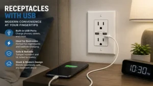 Receptacles with usb beside a bedroom nightstand for charging mobile devices overnight