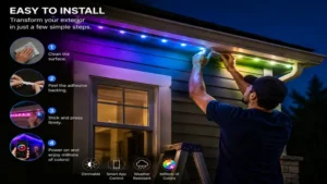 Technician installing exterior color changing led lights on a home's exterior for customizable lighting.