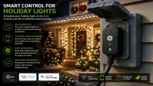 Holiday string lights connected to a ge outdoor smart switch for automatic scheduling and control