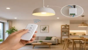 Modern living room featuring a remote light switch and receiver controlling ceiling lighting wirelessly