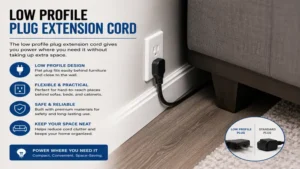 low profile plug extension cord providing flexible power access in tight spaces behind appliances.