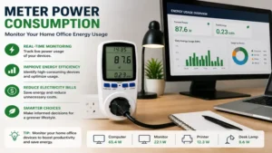 Meter power consumption monitoring electricity usage in a modern home office workspace