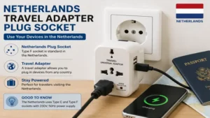 Travel adapter connected to a netherlands plug socket for international travelers