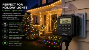 Outdoor digital timer automatically powering holiday lights with programmable on and off schedules