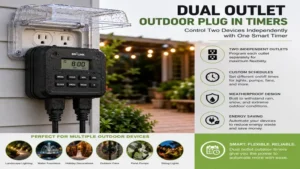 Dual outlet outdoor plug in timers for managing multiple outdoor electrical devices