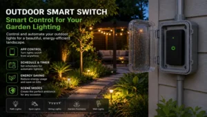 outdoor smart switch managing garden lighting for energy-efficient landscape illumination.