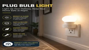 Compact plug bulb light illuminating a hallway for improved nighttime visibility.
