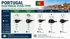 Comparison of Portugal electrical plug type with common international plug standards