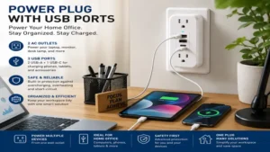 Power plug with usb ports providing organized charging for home office electronics and accessories