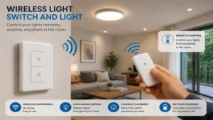 wireless light switch and light allowing remote control of indoor lighting from anywhere in the room.