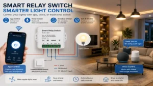 Smart relay switch controlling indoor lighting with mobile app and voice commands