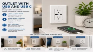 Outlet with usb and usb c designed for kitchens, bedrooms, offices, and everyday charging needs