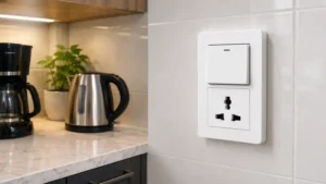 Practical switch and plug combo used in a modern kitchen for lighting and appliance access.