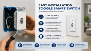 Toggle smart switch being professionally installed into a standard wall switch box.