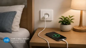 type c wall outlet mounted beside a bedside table for convenient phone charging.