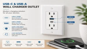 USB outlet wall charger featuring USB-C and USB-A ports for multiple devices