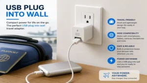 USB plug into wall travel adapter offering compact and portable charging for travelers
