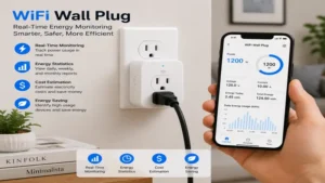 wifi wall plug displaying energy monitoring data for connected devices.