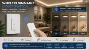 wireless dimmable light switch managing brightness levels for energy-efficient LED ceiling lights.