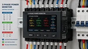 Professional wiring setup for a 3 phase power monitor connected to three-phase electrical equipment