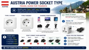 Austria power socket type travel guide for charging phones, laptops, cameras, and other electronic devices