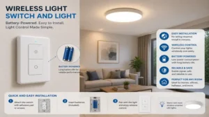 wireless light switch and light with a battery-powered switch for flexible placement and easy setup.