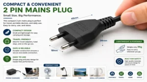 Compact 2 pin mains plug ideal for travel adapters, chargers, and portable electronics