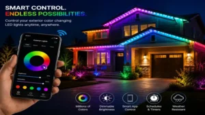 Smartphone app controlling exterior color changing led lights with adjustable colors, brightness, and schedules.