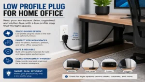 low profile plug keeping cables organized in a modern home office workspace.