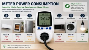 Meter power consumption comparing high-energy household appliances to identify electricity usage