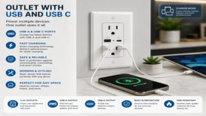 Outlet with usb and usb c supporting multiple devices with integrated USB-A and USB-C ports