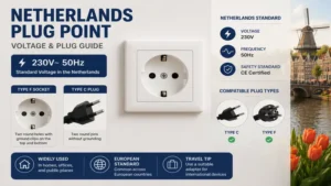 Netherlands plug point illustrating 230V power supply and compatible plug types