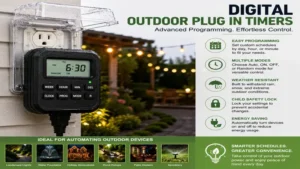 Digital outdoor plug in timers featuring programmable schedules for outdoor appliances