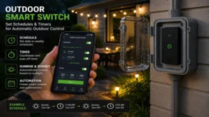 outdoor smart switch configured with timer and scheduling features for automatic lighting control.