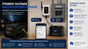 Power outage notification device working alongside a backup power system for continuous monitoring.