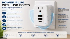 Close-up of a power plug with usb ports with built-in safety protection against overcharging and overheating