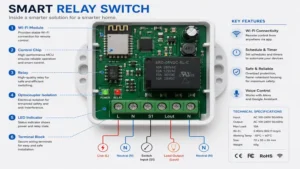 Internal components of a smart relay switch including Wi-Fi module, relay, and control board