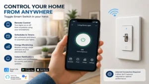 Toggle smart switch controlled remotely using a smartphone app for convenient lighting management.
