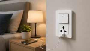 Contemporary switch and plug combo beside a bedroom wall for convenient everyday use.