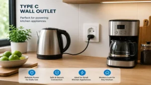 Modern kitchen featuring a type c wall outlet used for small countertop appliances.