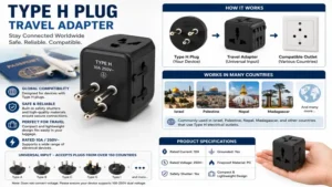 Type H plug travel adapter allowing international devices to connect safely.