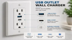 Close-up view of a durable USB outlet wall charger with integrated charging ports